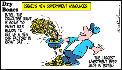 Dry Bones cartoon,Bibi, Netanyahu,Intel, Kiryat Gat, computers, Israel ,Investment,